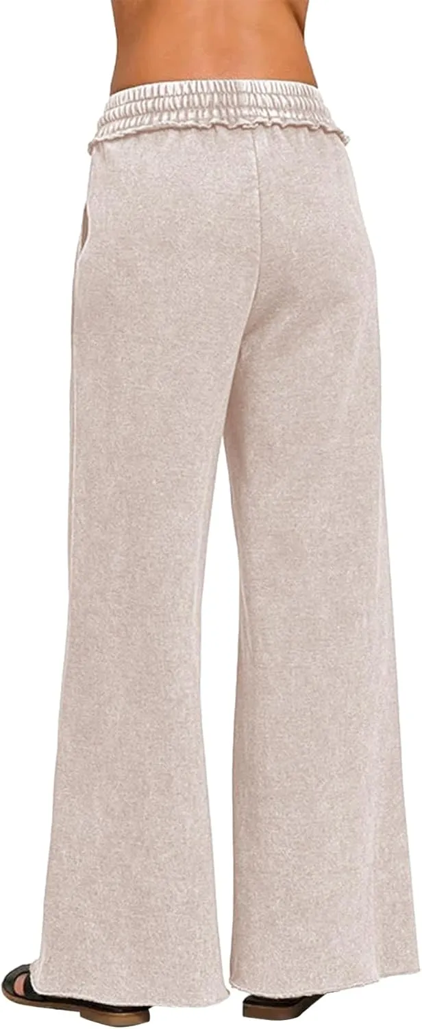 Ainangua Women Acid Wash Palazzo Sweatpants Casual High Waist Drawstring Wide Leg Pants Baggy Fleece Trousers with Pockets