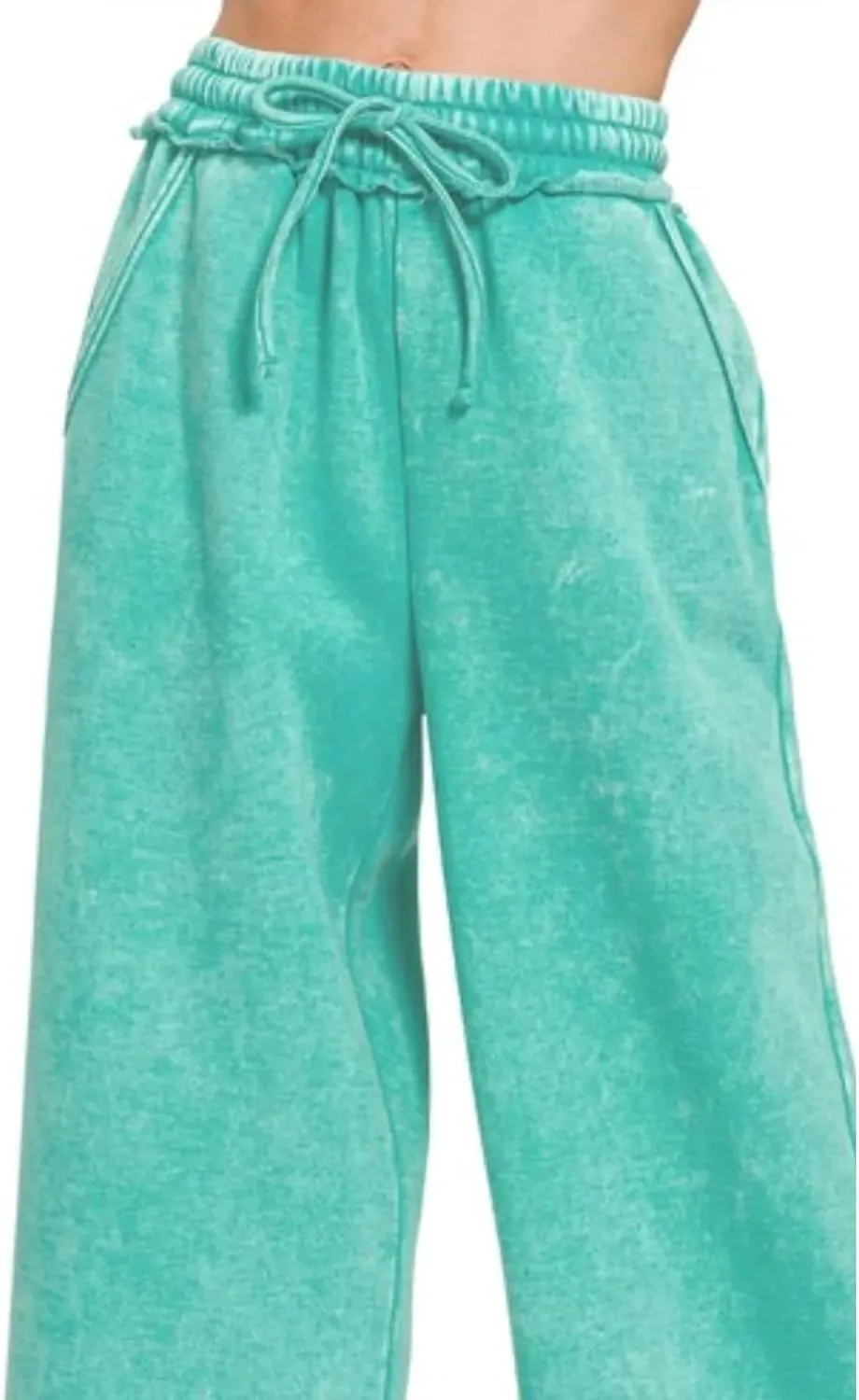 Ainangua Women Acid Wash Palazzo Sweatpants Casual High Waist Drawstring Wide Leg Pants Baggy Fleece Trousers with Pockets