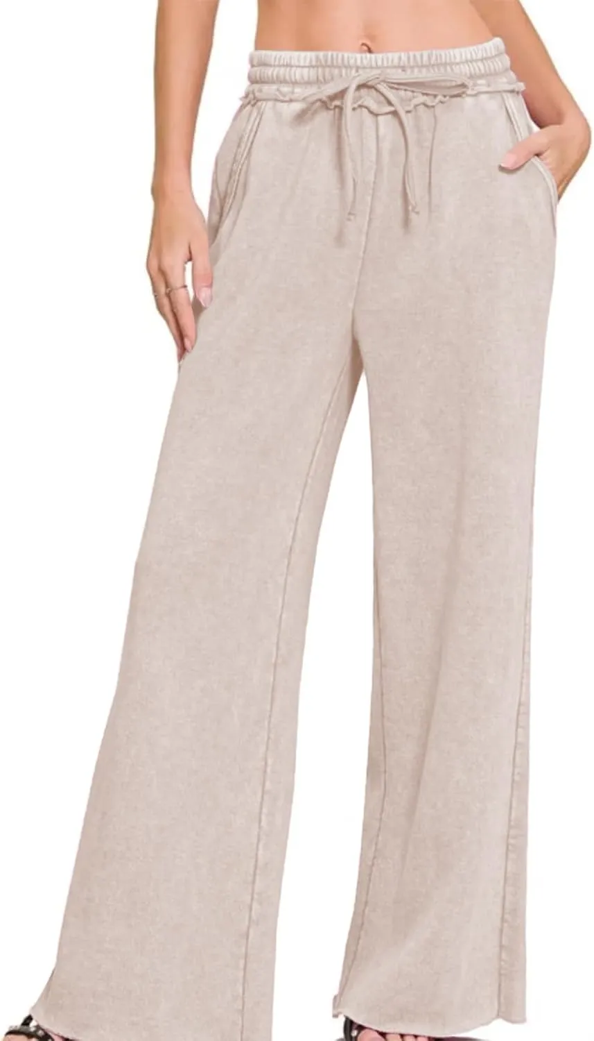 Ainangua Women Acid Wash Palazzo Sweatpants Casual High Waist Drawstring Wide Leg Pants Baggy Fleece Trousers with Pockets