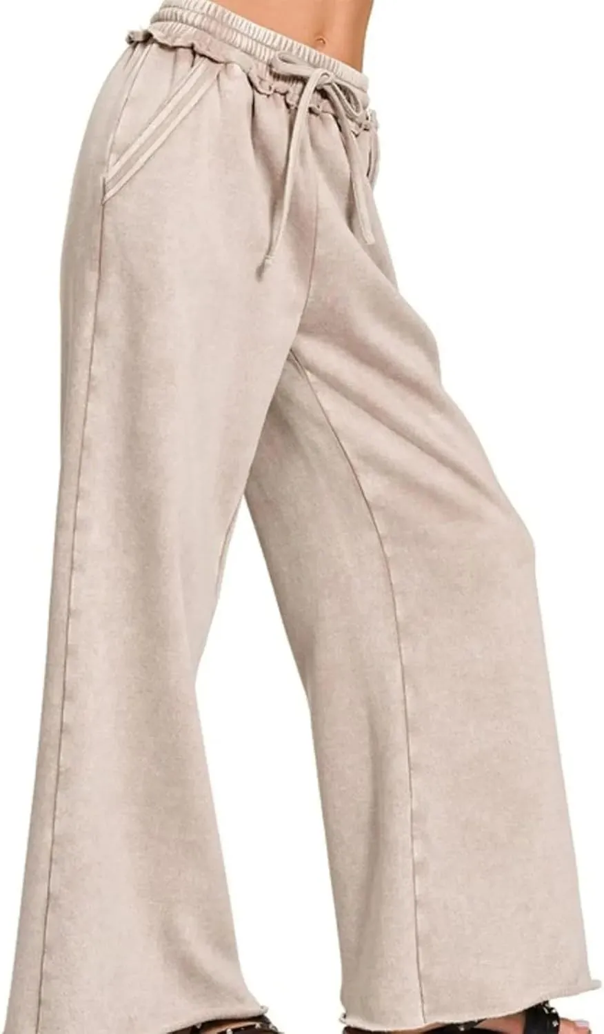 Ainangua Women Acid Wash Palazzo Sweatpants Casual High Waist Drawstring Wide Leg Pants Baggy Fleece Trousers with Pockets