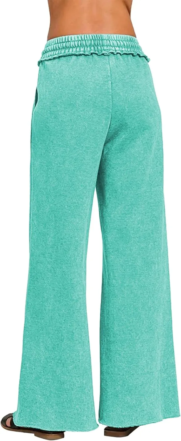 Ainangua Women Acid Wash Palazzo Sweatpants Casual High Waist Drawstring Wide Leg Pants Baggy Fleece Trousers with Pockets