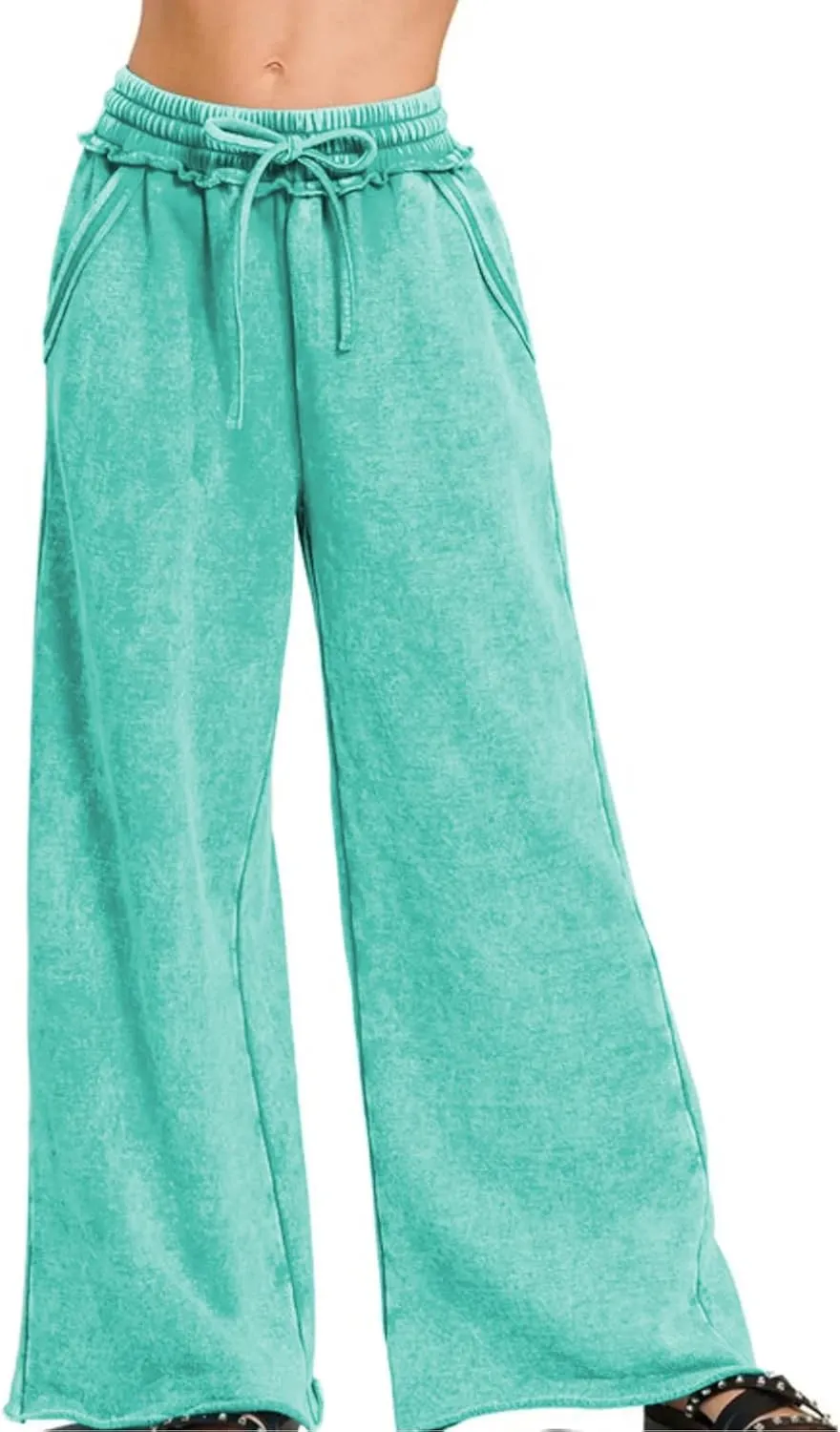 Ainangua Women Acid Wash Palazzo Sweatpants Casual High Waist Drawstring Wide Leg Pants Baggy Fleece Trousers with Pockets