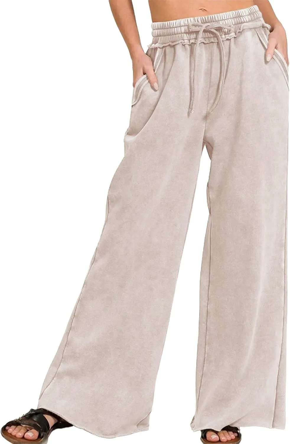 Ainangua Women Acid Wash Palazzo Sweatpants Casual High Waist Drawstring Wide Leg Pants Baggy Fleece Trousers with Pockets