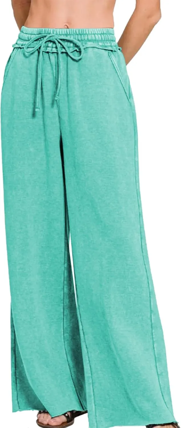 Ainangua Women Acid Wash Palazzo Sweatpants Casual High Waist Drawstring Wide Leg Pants Baggy Fleece Trousers with Pockets