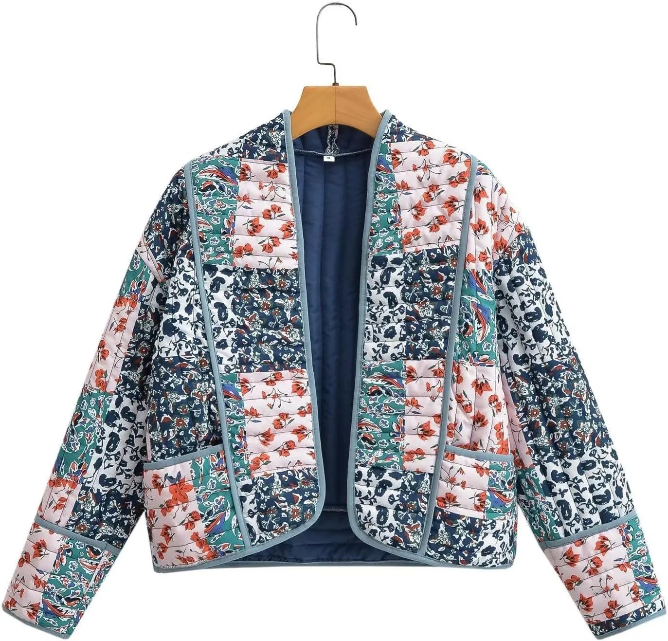 Akivide Womens Floral Print Quilted Lightweight Jacket Long Sleeve Open Front Winter Coat with Pockets