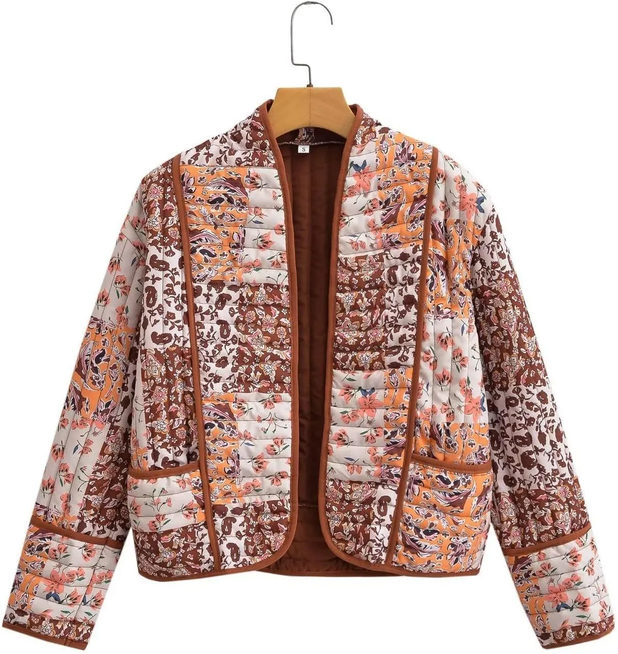 Akivide Womens Floral Print Quilted Lightweight Jacket Long Sleeve Open Front Winter Coat with Pockets
