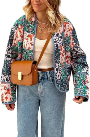 Akivide Womens Floral Print Quilted Lightweight Jacket Long Sleeve Open Front Winter Coat with Pockets