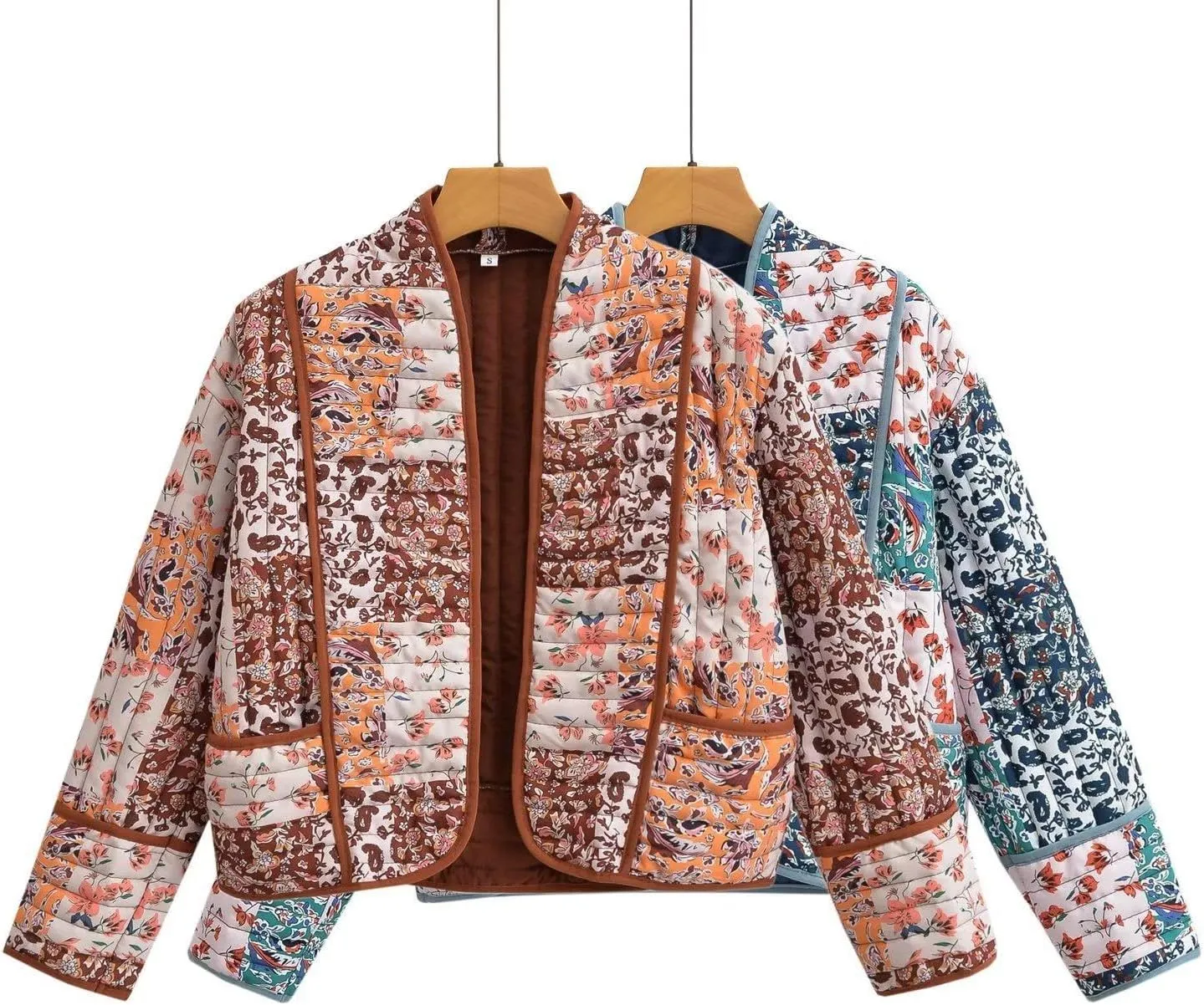 Akivide Womens Floral Print Quilted Lightweight Jacket Long Sleeve Open Front Winter Coat with Pockets