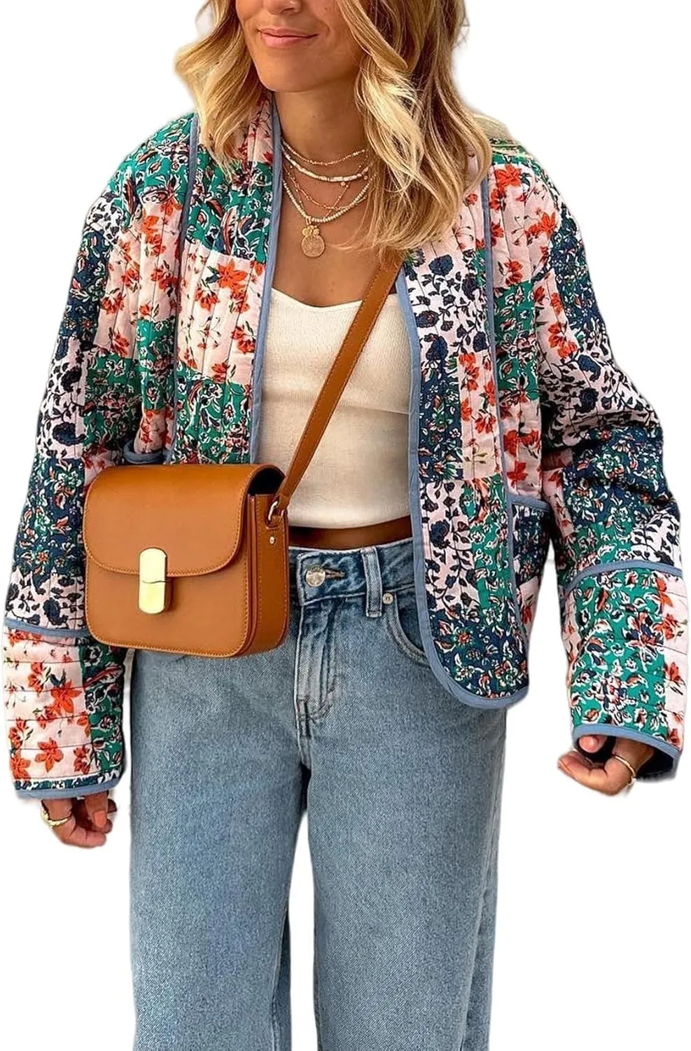 Akivide Womens Floral Print Quilted Lightweight Jacket Long Sleeve Open Front Winter Coat with Pockets