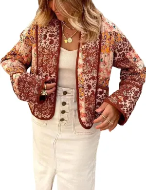 Akivide Womens Floral Print Quilted Lightweight Jacket Long Sleeve Open Front Winter Coat with Pockets