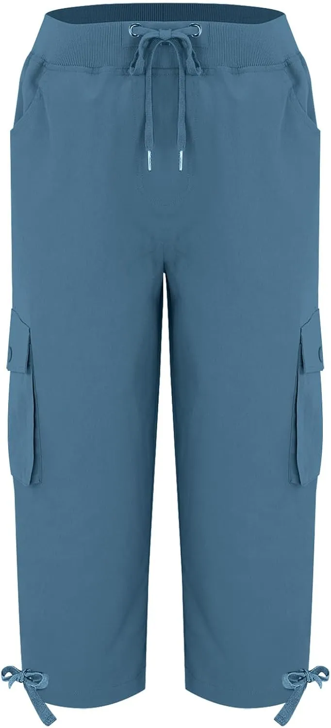 Akklian Womens Capris Cargo Pants with Pockets Loose Fit Cotton Comfy Lightweight Trendy Baggy Hiking Jogger Pants for Summer