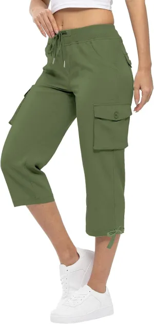 Akklian Womens Capris Cargo Pants with Pockets Loose Fit Cotton Comfy Lightweight Trendy Baggy Hiking Jogger Pants for Summer