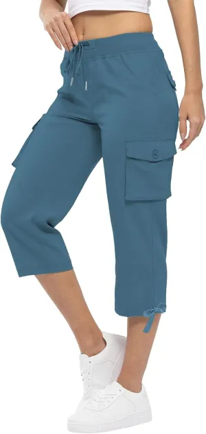 Akklian Womens Capris Cargo Pants with Pockets Loose Fit Cotton Comfy Lightweight Trendy Baggy Hiking Jogger Pants for Summer