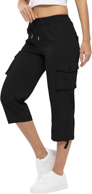 Akklian Womens Capris Cargo Pants with Pockets Loose Fit Cotton Comfy Lightweight Trendy Baggy Hiking Jogger Pants for Summer