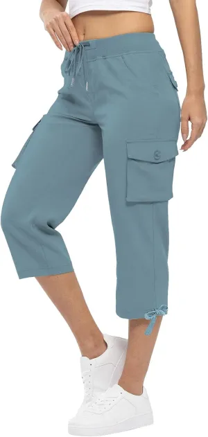 Akklian Womens Capris Cargo Pants with Pockets Loose Fit Cotton Comfy Lightweight Trendy Baggy Hiking Jogger Pants for Summer