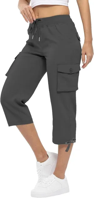 Akklian Womens Capris Cargo Pants with Pockets Loose Fit Cotton Comfy Lightweight Trendy Baggy Hiking Jogger Pants for Summer