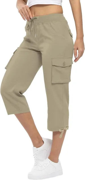 Akklian Womens Capris Cargo Pants with Pockets Loose Fit Cotton Comfy Lightweight Trendy Baggy Hiking Jogger Pants for Summer