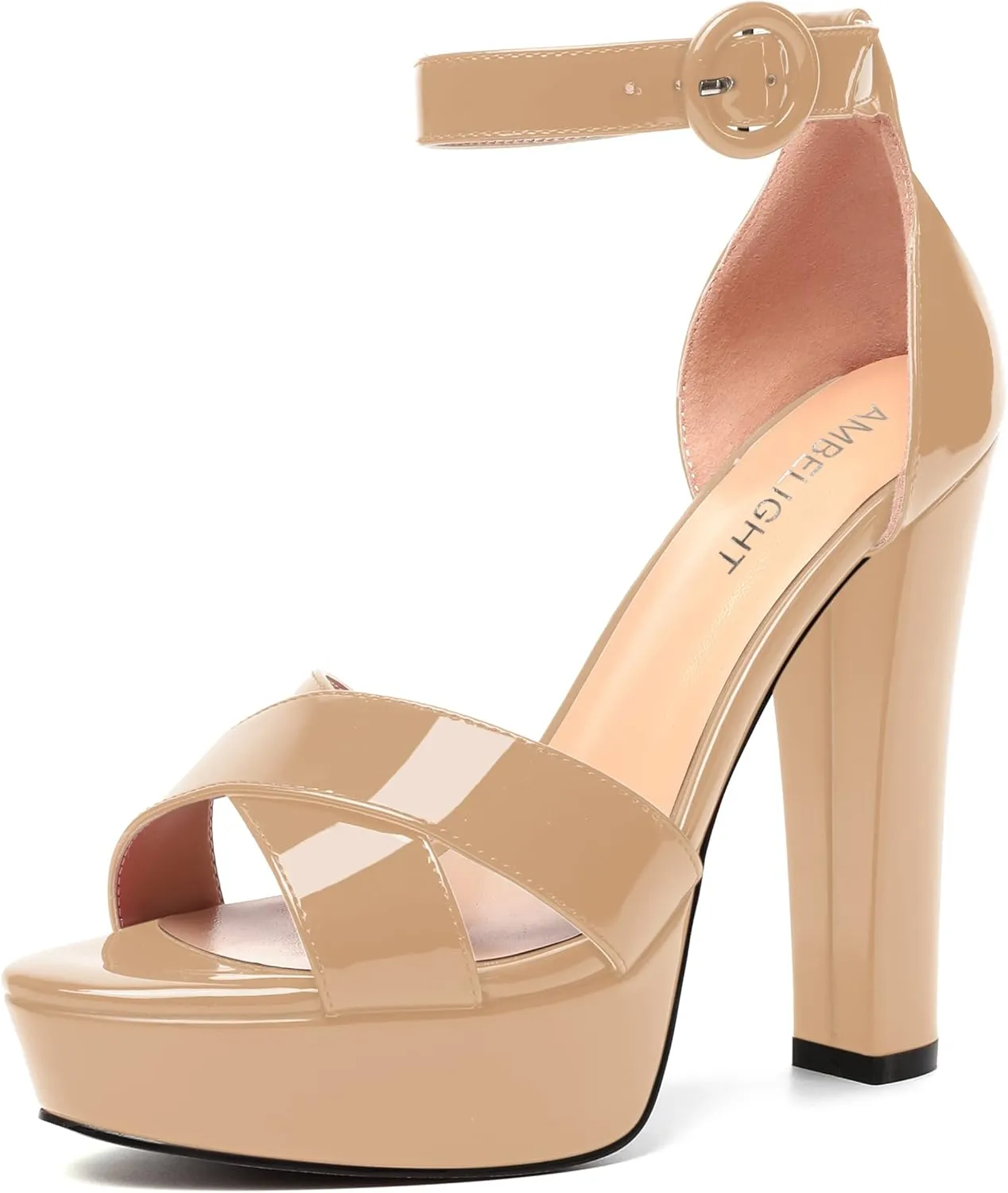AMBELIGHT Womens Cute Open Toe Dress Heels Patent Party Ankle Strap Platform Chunky High Heel Sandals 5 Inch