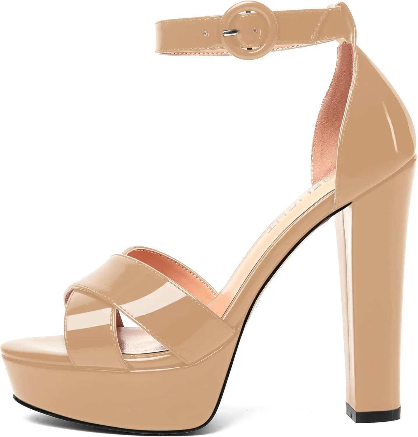 AMBELIGHT Womens Cute Open Toe Dress Heels Patent Party Ankle Strap Platform Chunky High Heel Sandals 5 Inch