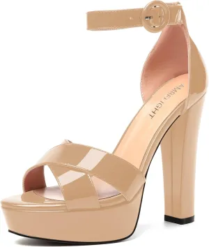 AMBELIGHT Womens Cute Open Toe Dress Heels Patent Party Ankle Strap Platform Chunky High Heel Sandals 5 Inch