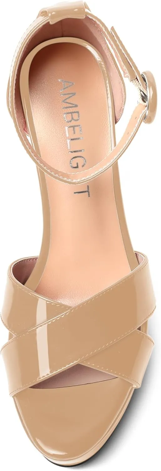 AMBELIGHT Womens Cute Open Toe Dress Heels Patent Party Ankle Strap Platform Chunky High Heel Sandals 5 Inch