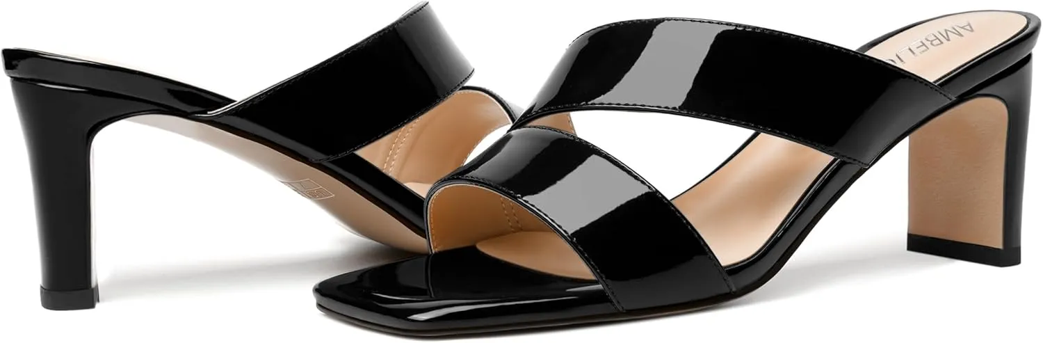AMBELIGHT Womens Patent Night Club Dress Square Toe Slip On Block Mid Heel Sandals 2.5 Inch