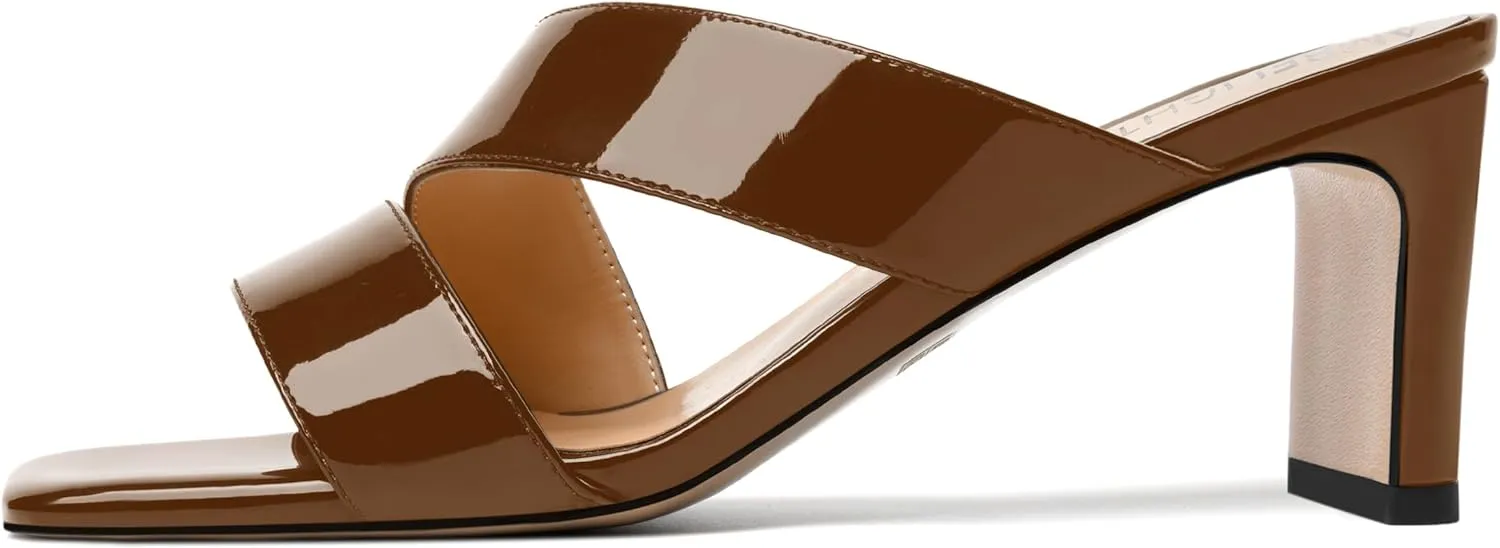 AMBELIGHT Womens Patent Night Club Dress Square Toe Slip On Block Mid Heel Sandals 2.5 Inch