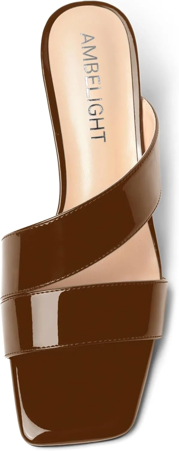 AMBELIGHT Womens Patent Night Club Dress Square Toe Slip On Block Mid Heel Sandals 2.5 Inch