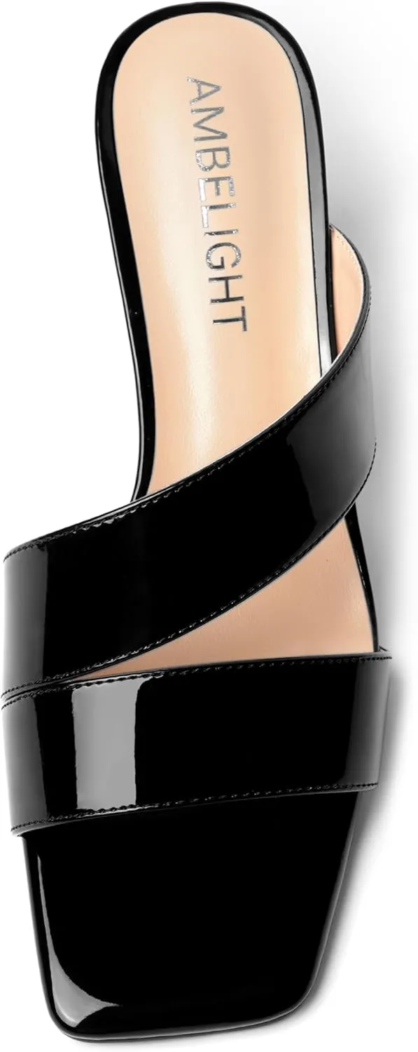 AMBELIGHT Womens Patent Night Club Dress Square Toe Slip On Block Mid Heel Sandals 2.5 Inch