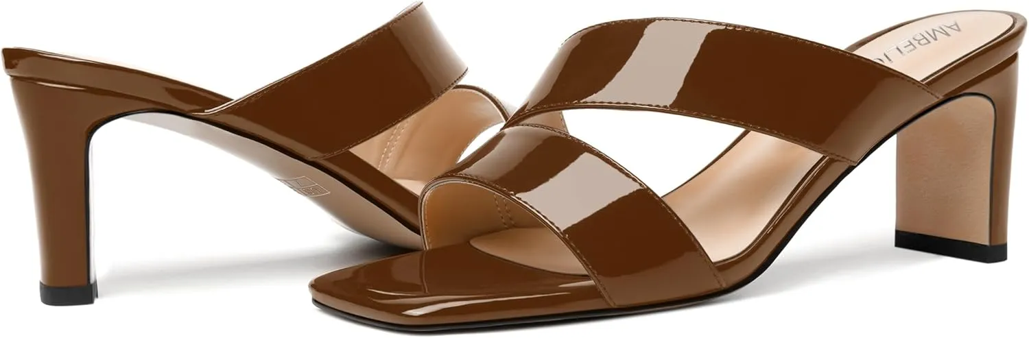 AMBELIGHT Womens Patent Night Club Dress Square Toe Slip On Block Mid Heel Sandals 2.5 Inch