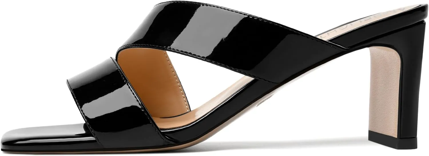 AMBELIGHT Womens Patent Night Club Dress Square Toe Slip On Block Mid Heel Sandals 2.5 Inch