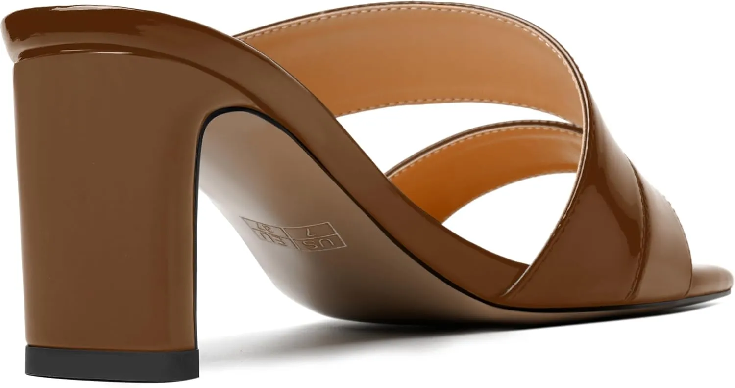 AMBELIGHT Womens Patent Night Club Dress Square Toe Slip On Block Mid Heel Sandals 2.5 Inch