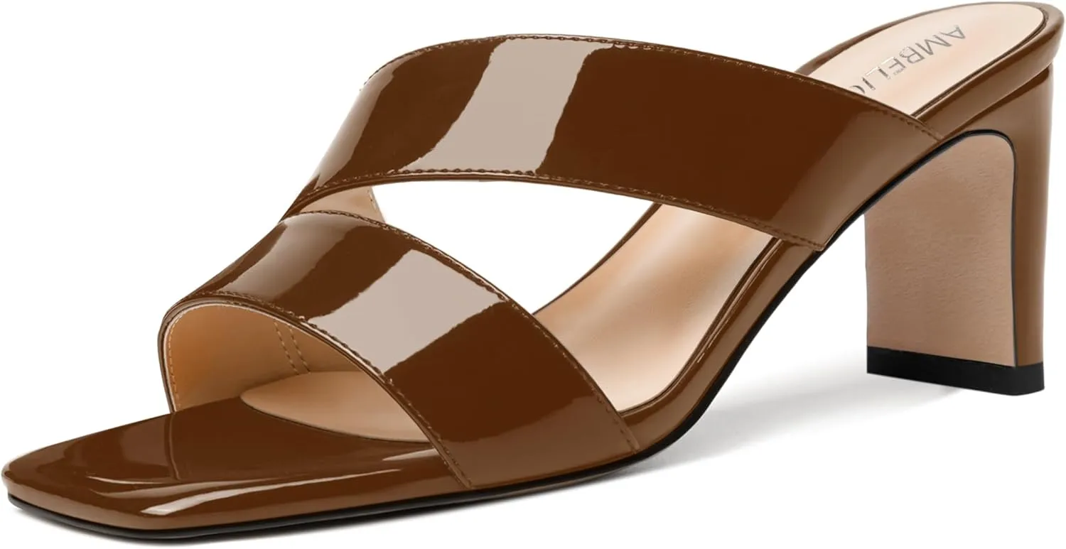 AMBELIGHT Womens Patent Night Club Dress Square Toe Slip On Block Mid Heel Sandals 2.5 Inch