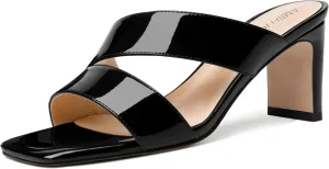 AMBELIGHT Womens Patent Night Club Dress Square Toe Slip On Block Mid Heel Sandals 2.5 Inch