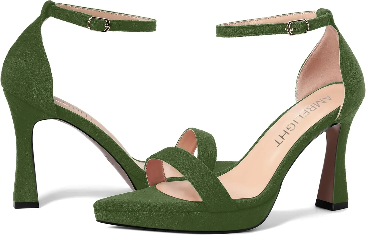 AMBELIGHT Womens Platform Ankle Strap Open Toe Cute Suede Party Heels Buckle Stiletto High Heel Sandals 4 Inch