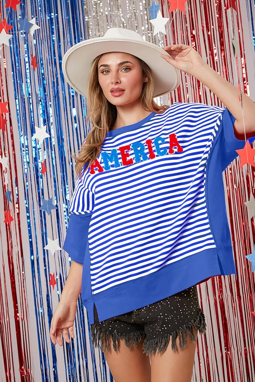 America T Shirt Women Red White and Blue Oversized Tops Trendy Striped Patchwork 4th of July Tops Casual USA Flag Tee