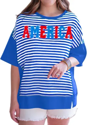 America T Shirt Women Red White and Blue Oversized Tops Trendy Striped Patchwork 4th of July Tops Casual USA Flag Tee