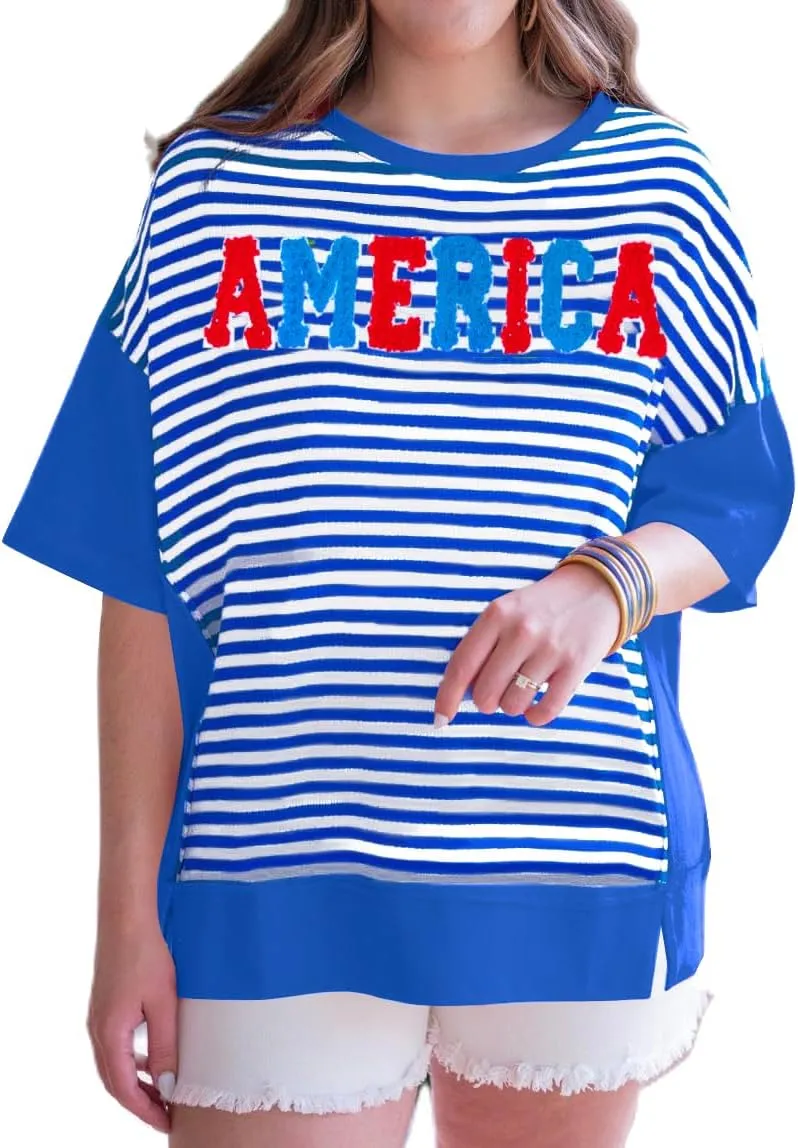 America T Shirt Women Red White and Blue Oversized Tops Trendy Striped Patchwork 4th of July Tops Casual USA Flag Tee