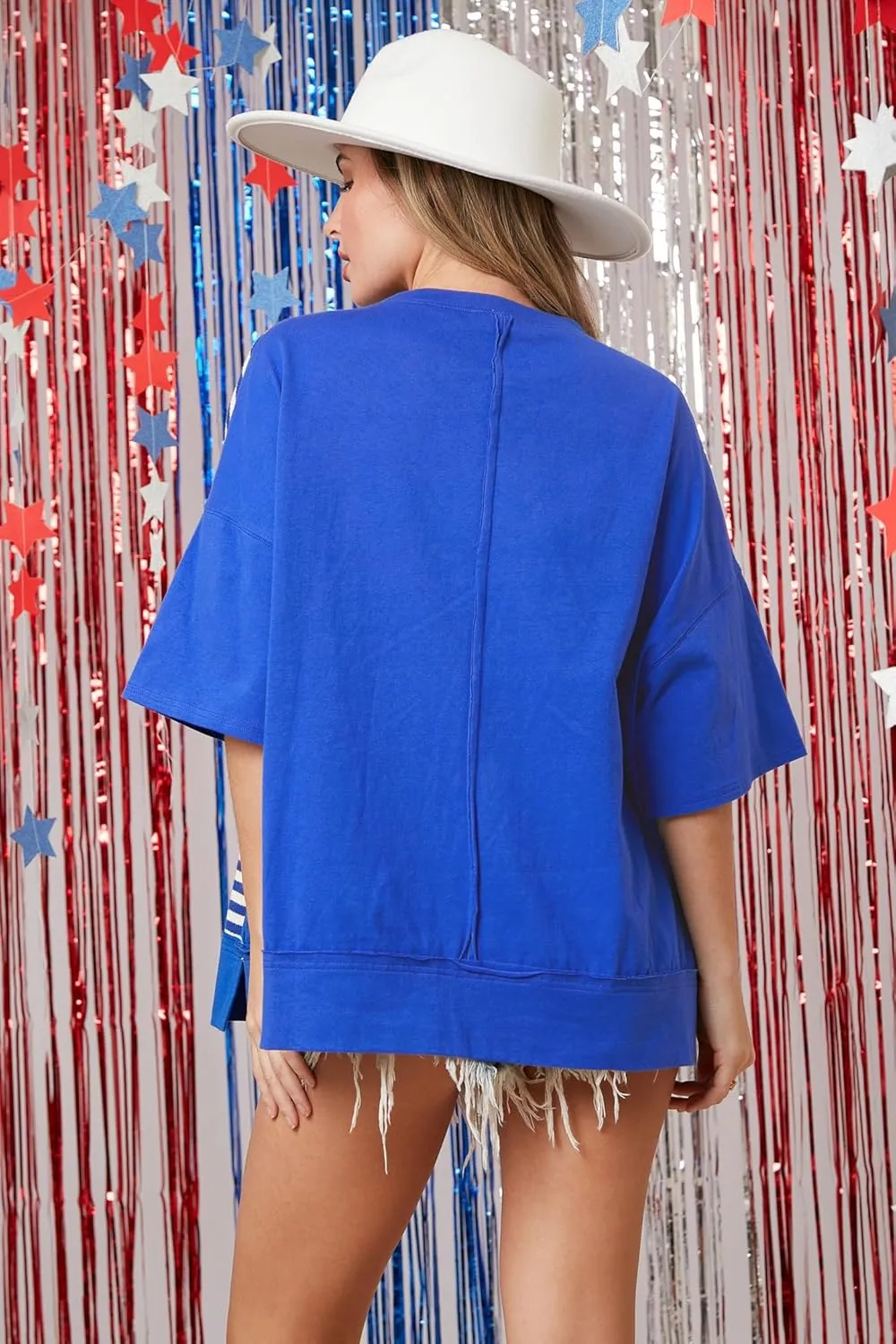 America T Shirt Women Red White and Blue Oversized Tops Trendy Striped Patchwork 4th of July Tops Casual USA Flag Tee