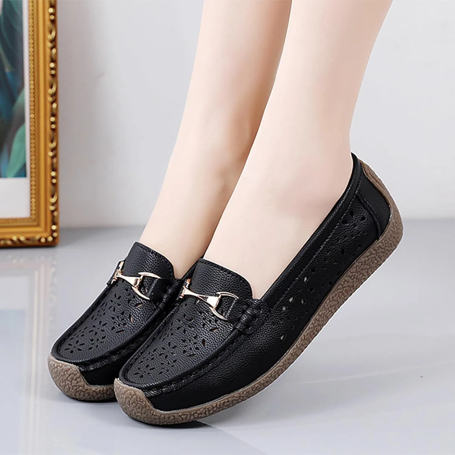 AngryMonkey Women Leather Penny Loafers Driving Moccasins Boat Shoes,Casual Comfort Non Slip Breathable Hollow Out Slip On Loafers Walking Flat Shoes