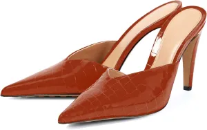 anteikira Women's Pointed Toe Crocodile Heels Stiletto Heel Animal Print Pumps Closed Toe High Heel Mules Party Wedding Fashion Backless Mule Shoes for Women Size 5.5-12US