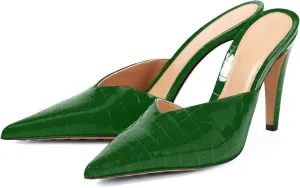 anteikira Women's Pointed Toe Crocodile Heels Stiletto Heel Animal Print Pumps Closed Toe High Heel Mules Party Wedding Fashion Backless Mule Shoes for Women Size 5.5-12US