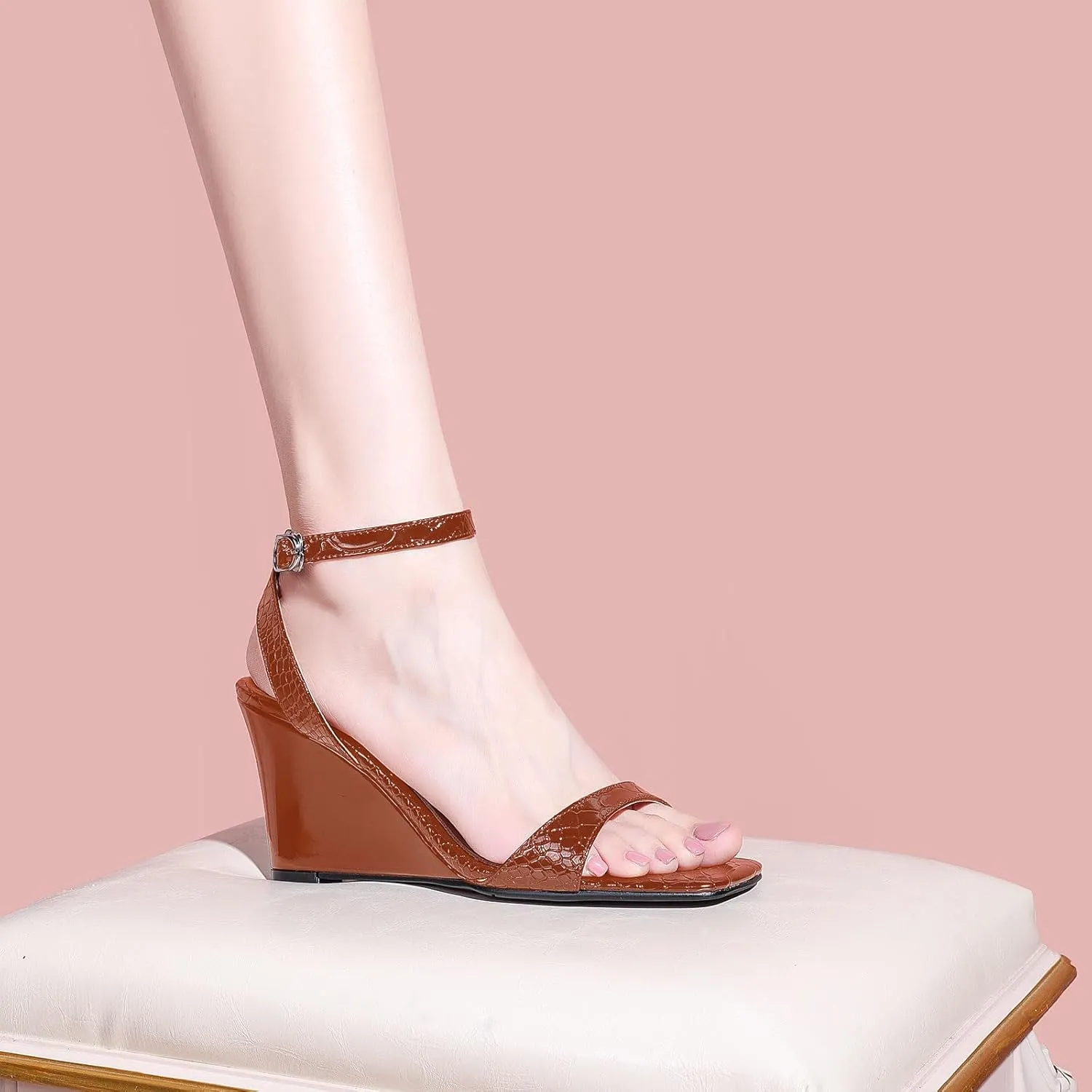 anteikira Women's Square Open Toe Ankle Strap Wedge Heel Sandals Crocodile Print High Heel Wedges Sandal Shoes Party Prom Shopping Shoes
