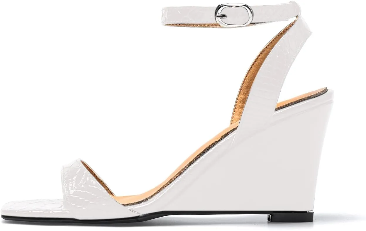 anteikira Women's Square Open Toe Ankle Strap Wedge Heel Sandals Crocodile Print High Heel Wedges Sandal Shoes Party Prom Shopping Shoes
