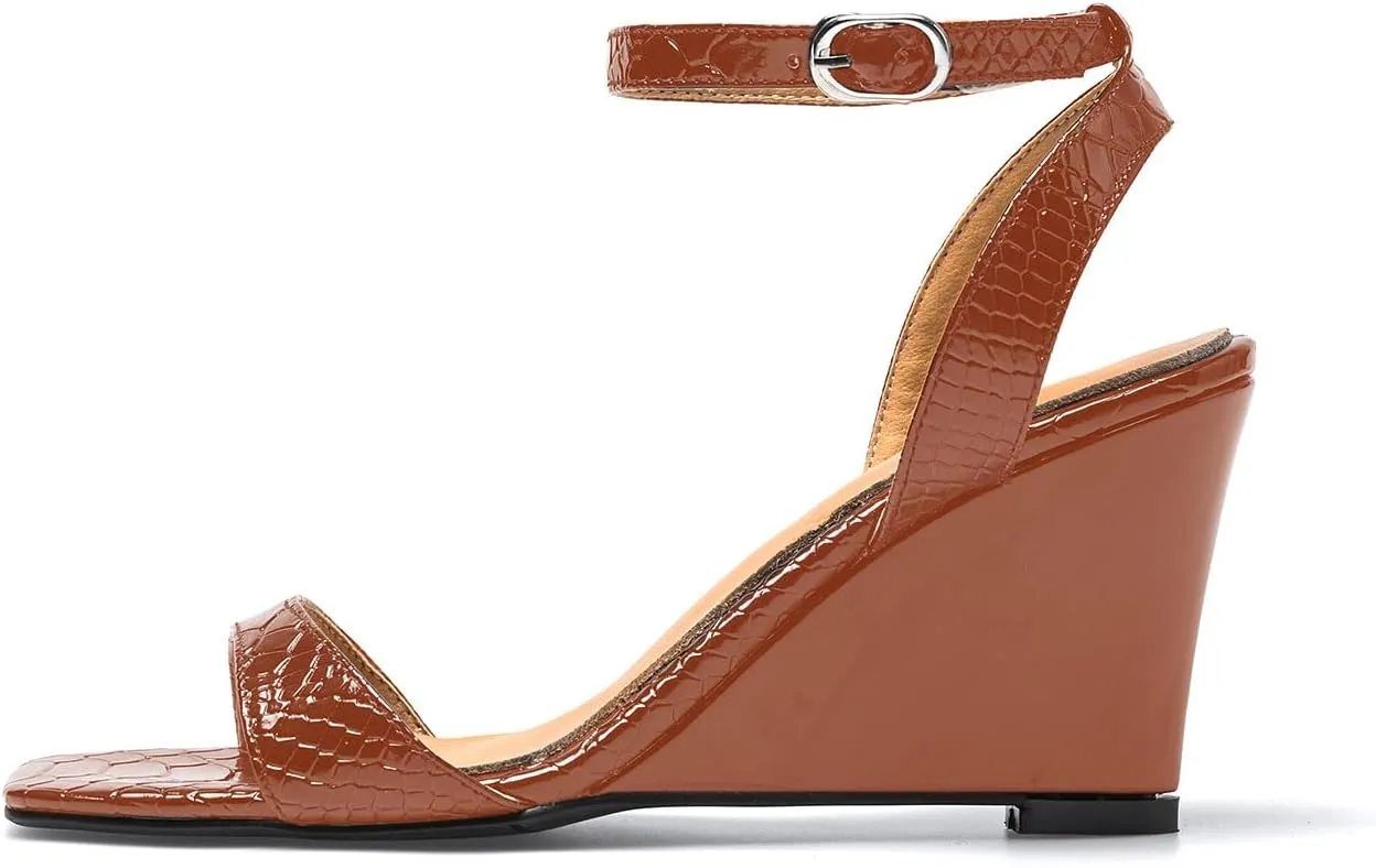 anteikira Women's Square Open Toe Ankle Strap Wedge Heel Sandals Crocodile Print High Heel Wedges Sandal Shoes Party Prom Shopping Shoes