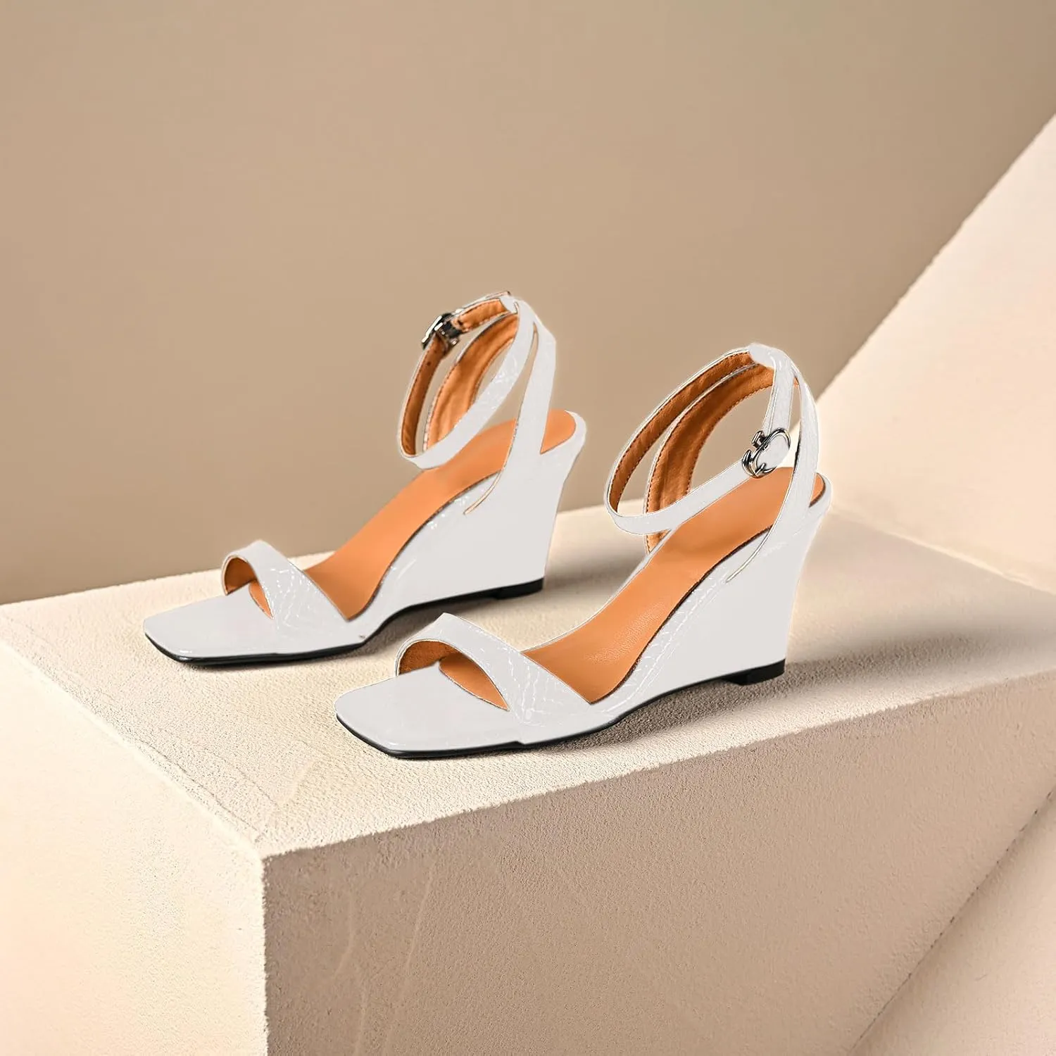 anteikira Women's Square Open Toe Ankle Strap Wedge Heel Sandals Crocodile Print High Heel Wedges Sandal Shoes Party Prom Shopping Shoes