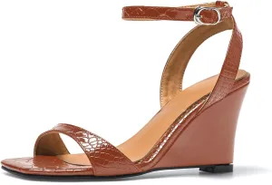 anteikira Women's Square Open Toe Ankle Strap Wedge Heel Sandals Crocodile Print High Heel Wedges Sandal Shoes Party Prom Shopping Shoes
