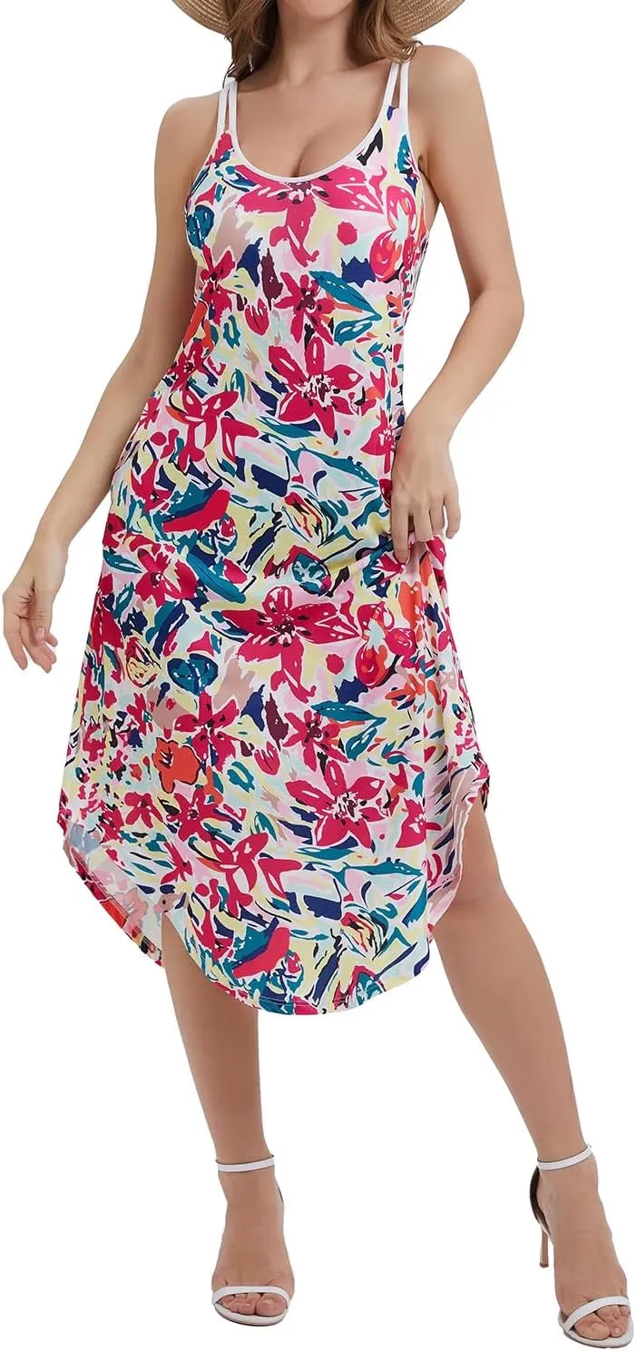 ANYFITTING Built in Bra Summer Dresses for Women 2025 Midi Flowy Hawaiian Casual Dress with Pockets Floral Sundresses