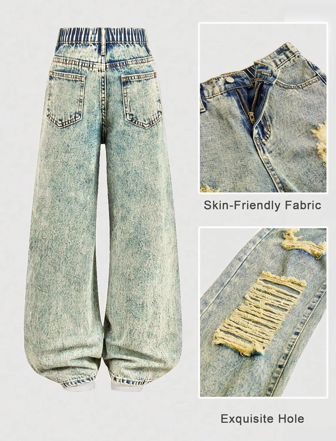 Baggy Jeans for Girls Wide Leg Ripped High Elastic Waisted Denim Pants Cute Summer Trousers Y2K Streetwear 7-14Y