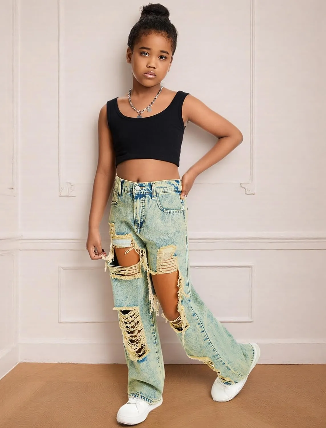 Baggy Jeans for Girls Wide Leg Ripped High Elastic Waisted Denim Pants Cute Summer Trousers Y2K Streetwear 7-14Y